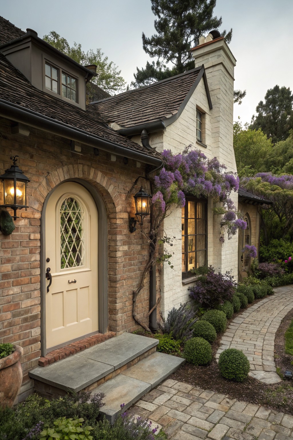 House exterior showing a cream arched door with leaded glass window, purple wisteria vines climbing over white stucco and brick walls, black lanterns on either side, and a curving pebble pathway edged with shrubs and plants.