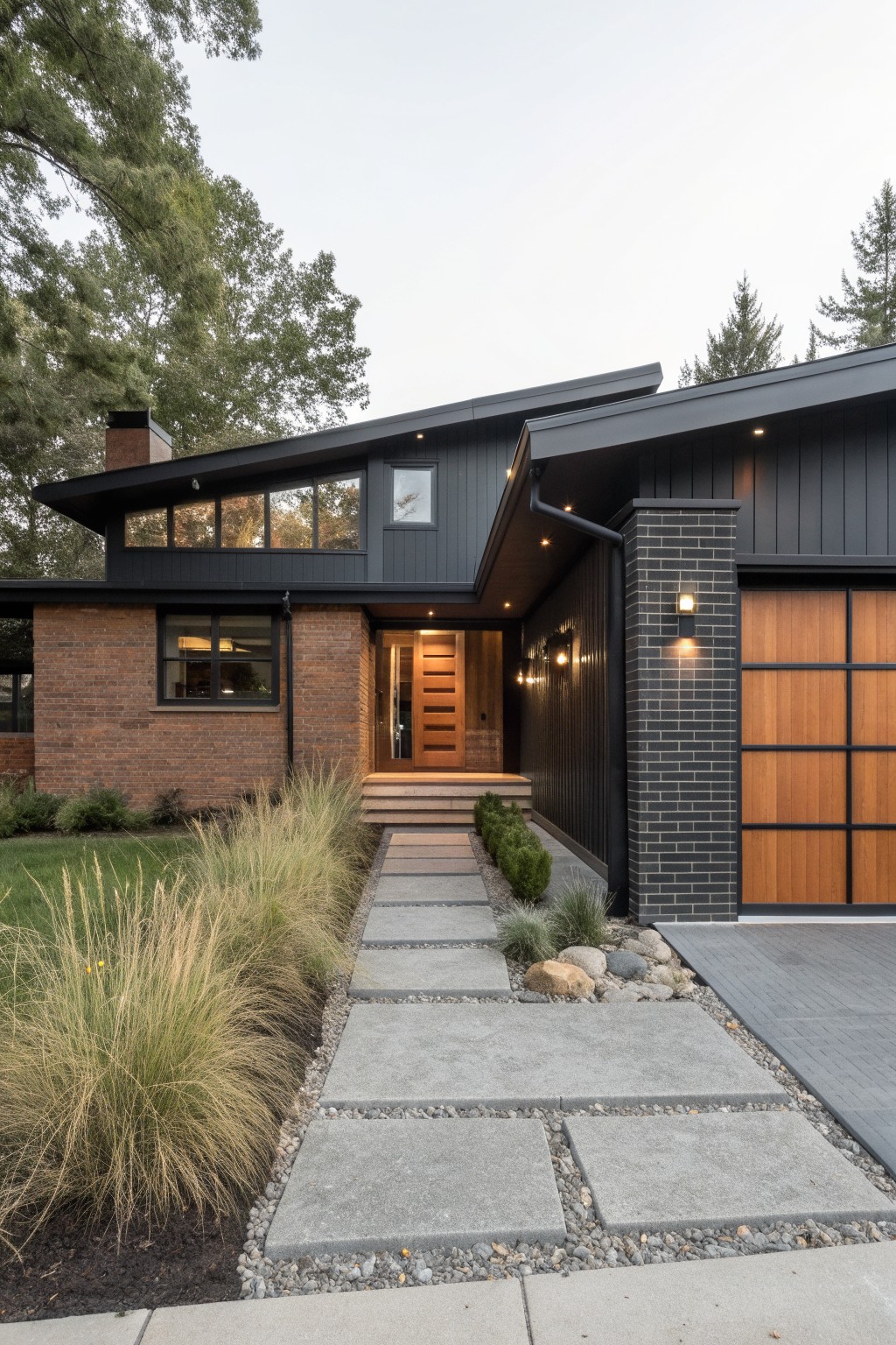 Modern ranch house exterior featuring black vertical siding over brick base, wooden pivot entry door, slatted wood garage door, concrete slab pathway with gravel edges, and ornamental grasses in the front yard.