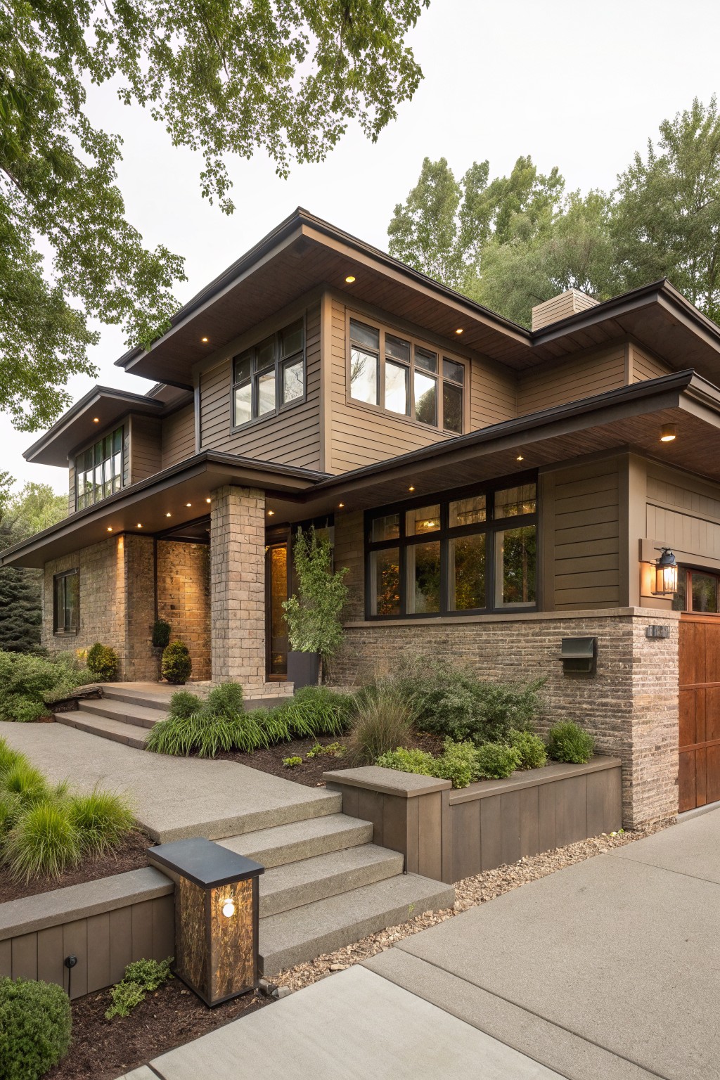Two-story modern ranch house exterior with light painted brick base and pillars, horizontal wood siding on upper levels, large windows, cantilevered roofs, entry steps, garage door, and low landscaping along the driveway.