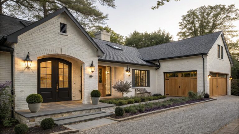 Exterior view of a white brick house with dark gray shingle roof, black-framed windows, an arched wooden double entry door flanked by lanterns, stone steps, plants, a wooden bench, and gravel driveway.