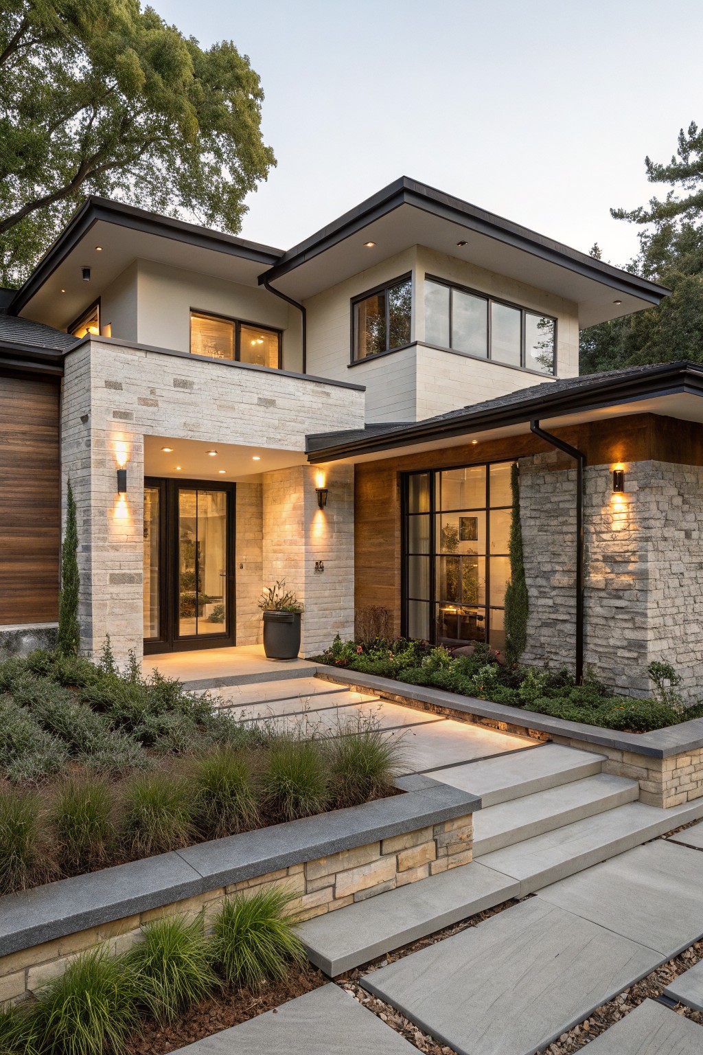 Modern house exterior featuring light stone facade, wood panel accents, large glass entry doors, black window frames, and steps with surrounding low plantings.