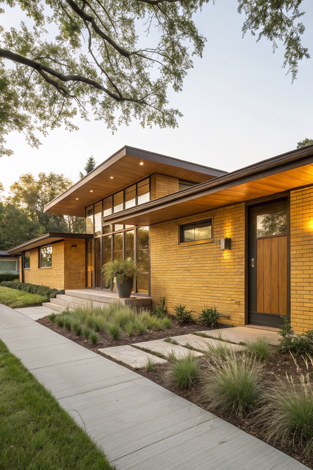 Yellow brick ranch house exterior featuring a modern overhanging wood entry with large glass windows, wooden door, steps, and low grasses along the sidewalk.