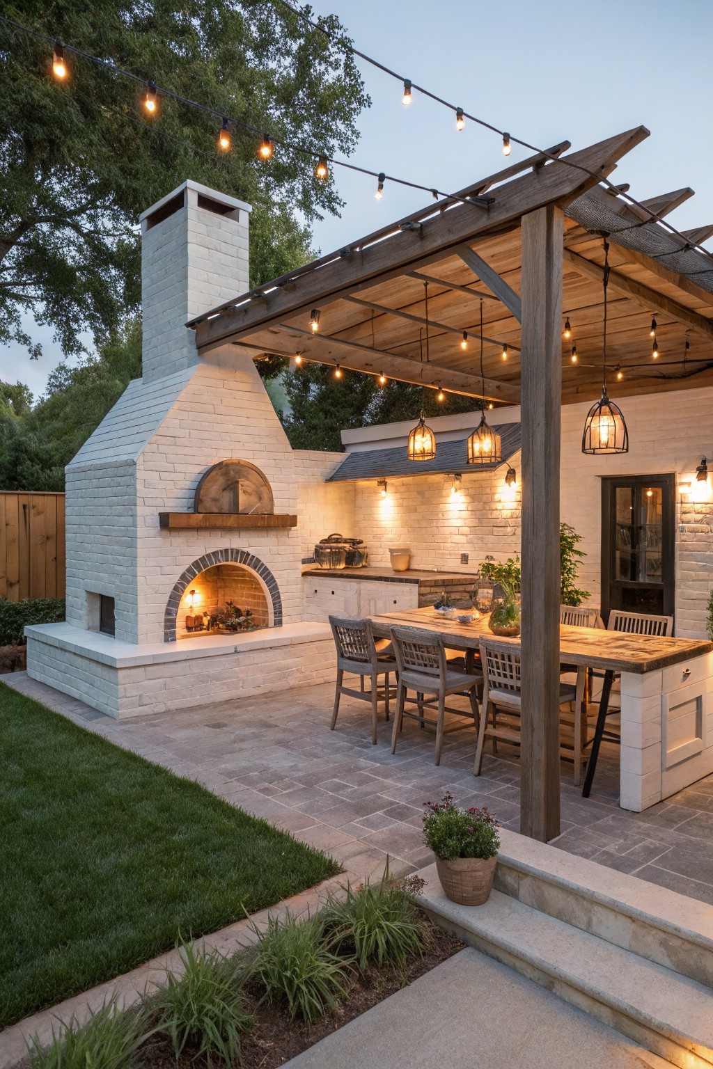 White brick wood-fired oven and fireplace built into an outdoor kitchen under a wooden pergola with string lights and lanterns, featuring a wooden dining table, cabinets, pavers, grass lawn, and plants.