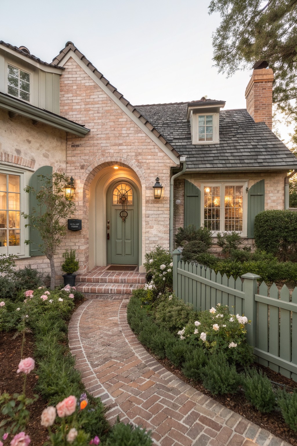 Painted brick ranch house exterior with sage green arched front door, matching green shutters and lanterns, winding brick pathway edged by plants and flowers, and green picket fence.