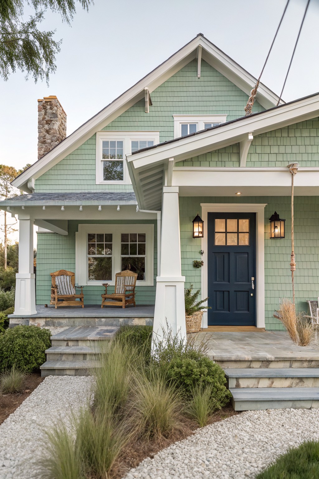 Front view of a light green shingle-sided house with white trim, gabled roof, covered porch supported by white columns, navy blue front door with glass panels and lanterns, two Adirondack chairs on the porch, stone steps, gravel path, and ornamental grasses and shrubs.