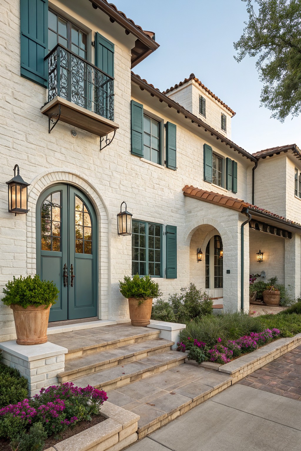 White painted brick house exterior with arched teal double front doors, matching green shutters on windows, terracotta tile roof, wall lanterns, potted plants, flower beds, and stone steps leading to the entry.