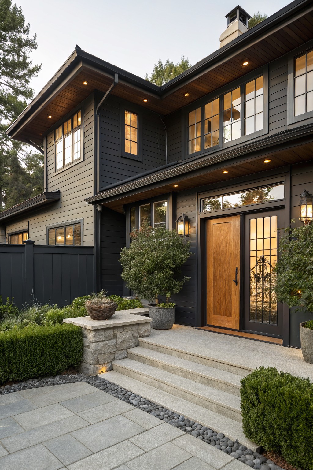 Modern two-story house exterior featuring dark gray siding, warm wood front door with glass panels, black lanterns, stone entry steps, potted plants, boxwood shrubs, and gravel path in evening light.
