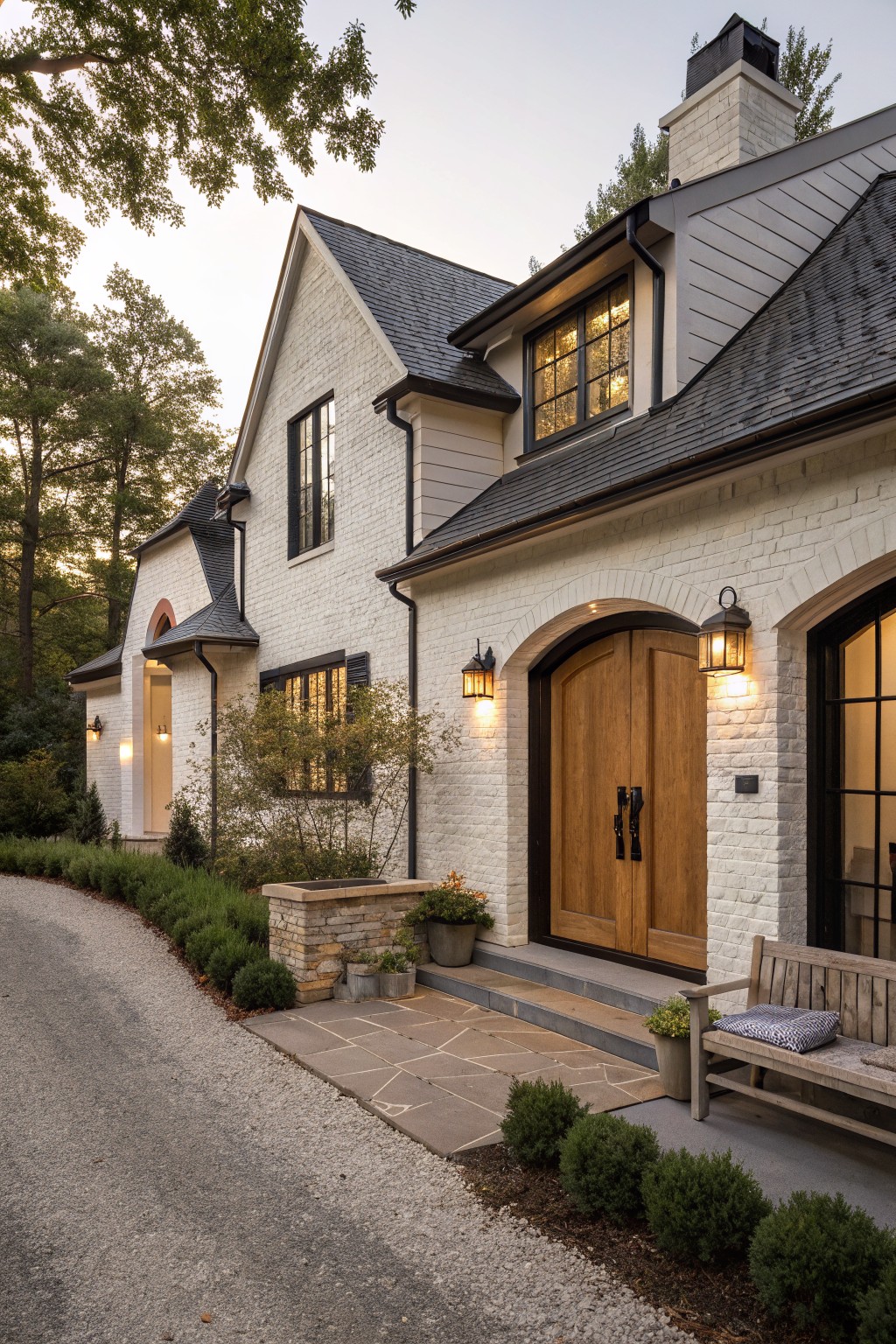 Exterior view of a white brick house with dark gray shingle roof, black-framed windows, an arched wooden double entry door flanked by lanterns, stone steps, plants, a wooden bench, and gravel driveway.