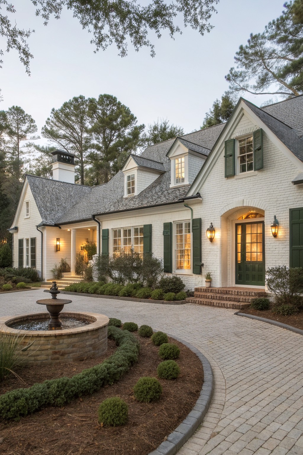 White painted brick ranch house with gabled dark gray roof, green shutters on windows, arched green entry door flanked by lanterns, brick steps, circular gravel driveway with central fountain, boxwood hedges, and pine trees in background.