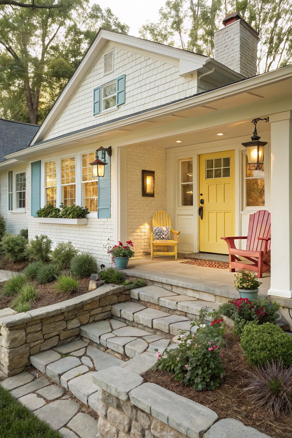 White painted brick ranch house exterior with yellow front door, blue shutters, white porch, two Adirondack chairs in yellow and red, lanterns, flower pots, stone steps, and surrounding landscaping.