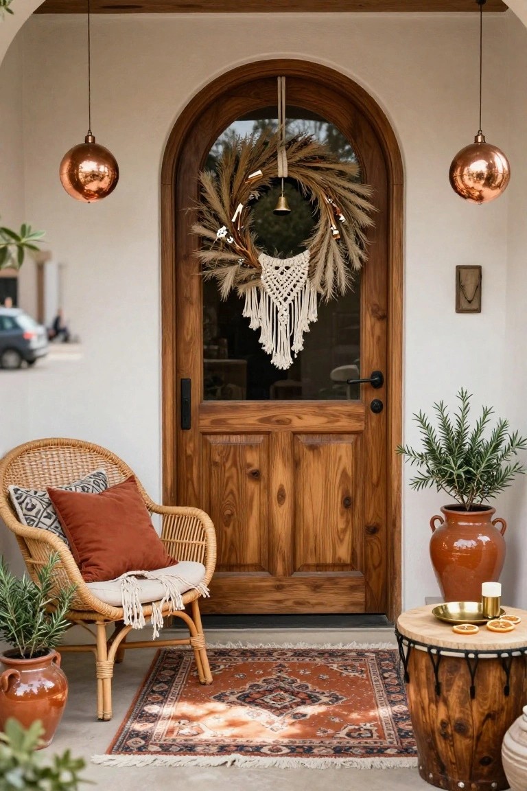 Arched wooden front door decorated with a large beige grass wreath overlaid by white macrame and gold elements, copper pendant lights hanging above, rattan armchair with pillows and blanket beside potted plants, terracotta pots, drum stool table with oranges and candle, and patterned outdoor rug on concrete porch.