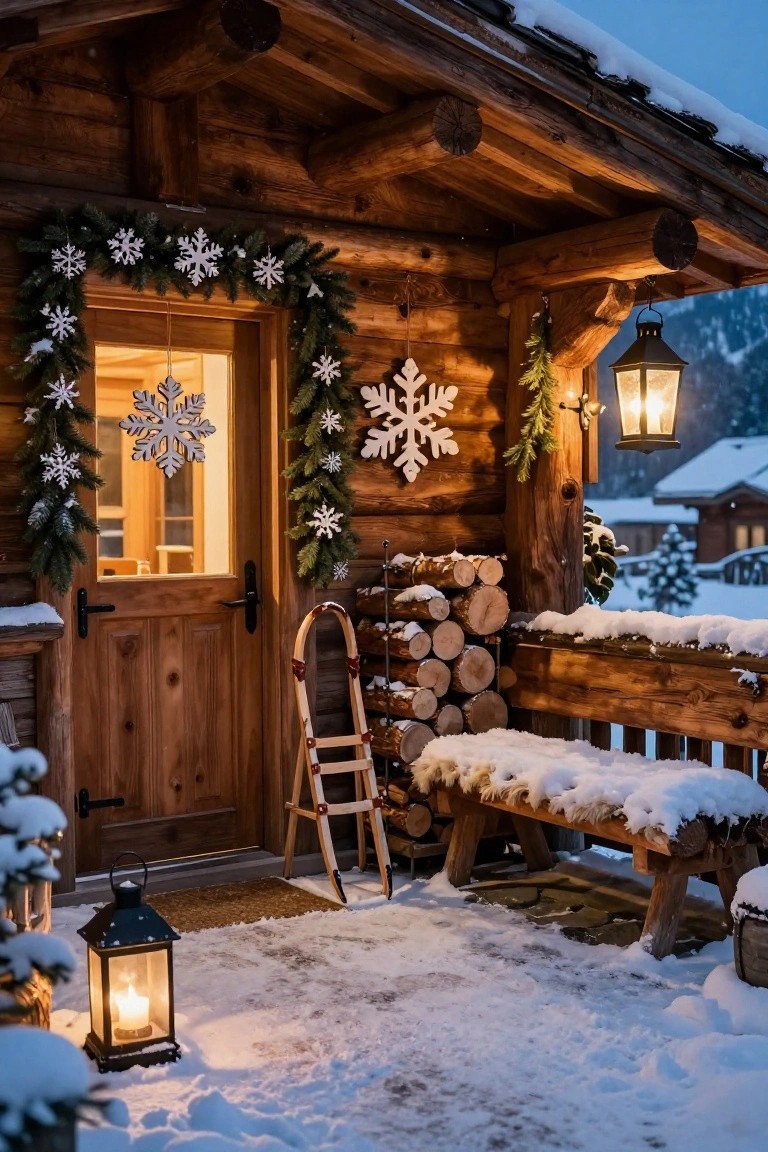 Snowy front porch of a wooden chalet cabin decorated for Christmas with evergreen garlands and snowflake ornaments framing the wood door, lit lanterns, stacked firewood, skis, and a fur-covered bench.