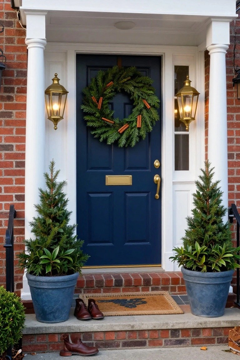 Navy front door on brick house with white columns, decorated with evergreen Christmas wreath containing cinnamon sticks, flanked by small potted fir trees in blue planters on porch steps, lit lanterns, doormat, and brown leather shoes.