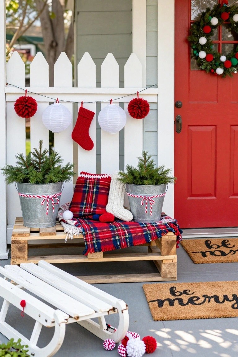 Festive porch with red door, sled, plaid bench, stockings, and wreaths.