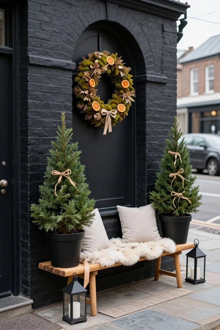 Black brick arched doorway with moss and dried orange wreath, flanked by two small potted fir trees tied with twine bows in black pots, wooden bench topped with beige pillows and white sheepskin between them, black lanterns nearby on slate porch steps.