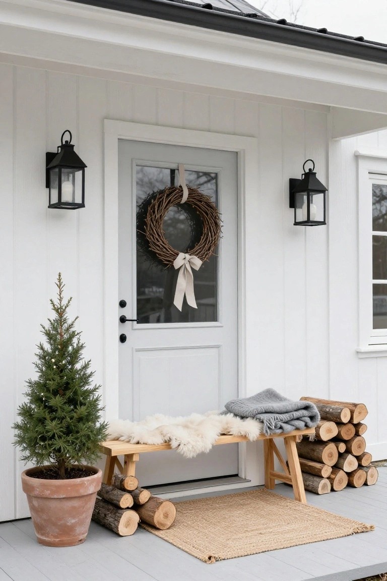 White clapboard front porch with gray door featuring grapevine wreath, flanked by black lanterns, small potted evergreen tree, wooden bench topped with sheepskin rugs and gray wool throw beside firewood stacks, seagrass rug on gray decking.