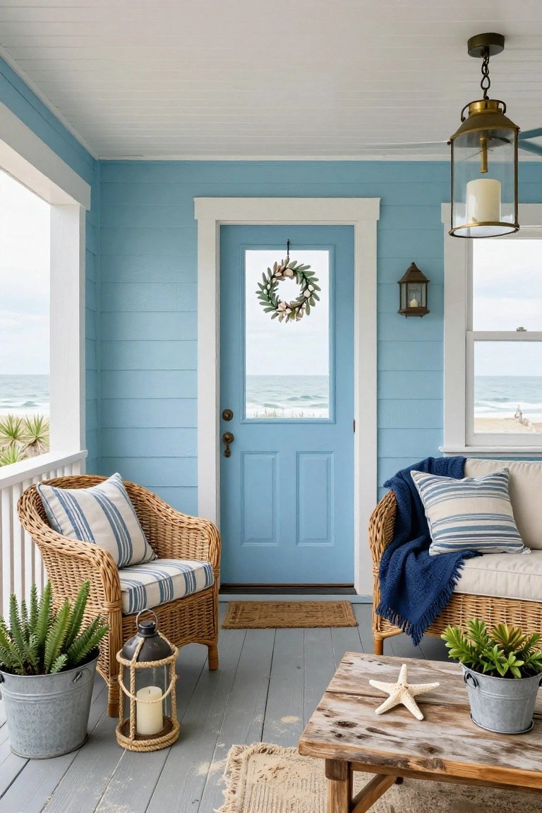 Light blue clapboard front porch with white trim, blue door featuring a greenery wreath, two wicker armchairs with white and blue striped cushions, a wicker loveseat with cushions and navy throw blanket, rustic wooden coffee table holding a white starfish, potted succulents in galvanized buckets, lanterns, and ocean view through door glass.
