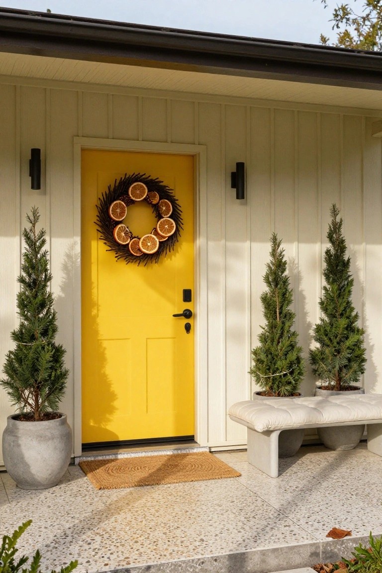Yellow front door on a light-colored house exterior decorated with a circular wreath of dried orange slices and dark twigs, flanked by two potted conical evergreen trees in gray pots, a cushioned bench, additional pots, and a woven door mat on a terrazzo porch surface.