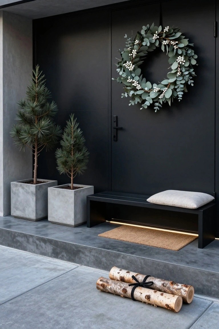 Black modern front door decorated with a large eucalyptus and white berry wreath, flanked by two potted pine trees in concrete pots, a black metal bench with white cushion, beige doormat, and two birch logs tied with black ribbon on the concrete entry step.