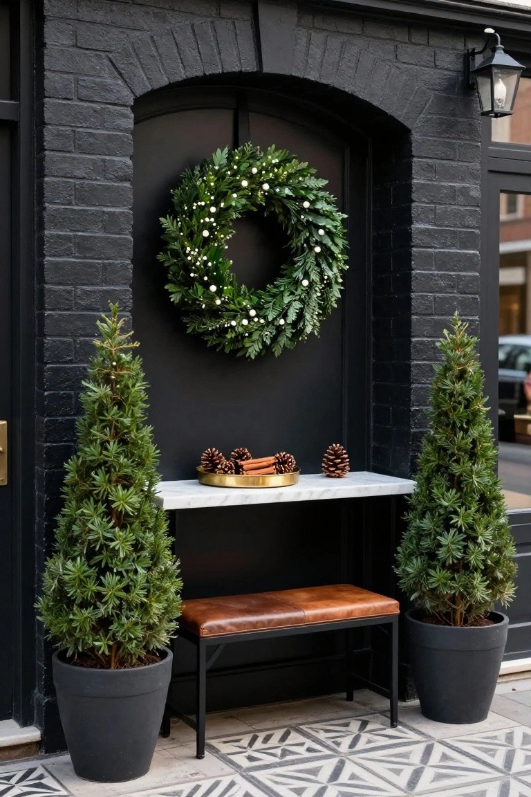 Black brick arched front porch entryway with dark wood door decorated by a lush green wreath with white berries and lights, flanked by two potted conifer trees in black pots, white marble shelf holding gold tray of pinecones and cinnamon sticks above a tan leather bench on black metal frame, black lantern light overhead, and black-and-white patterned tile floor.