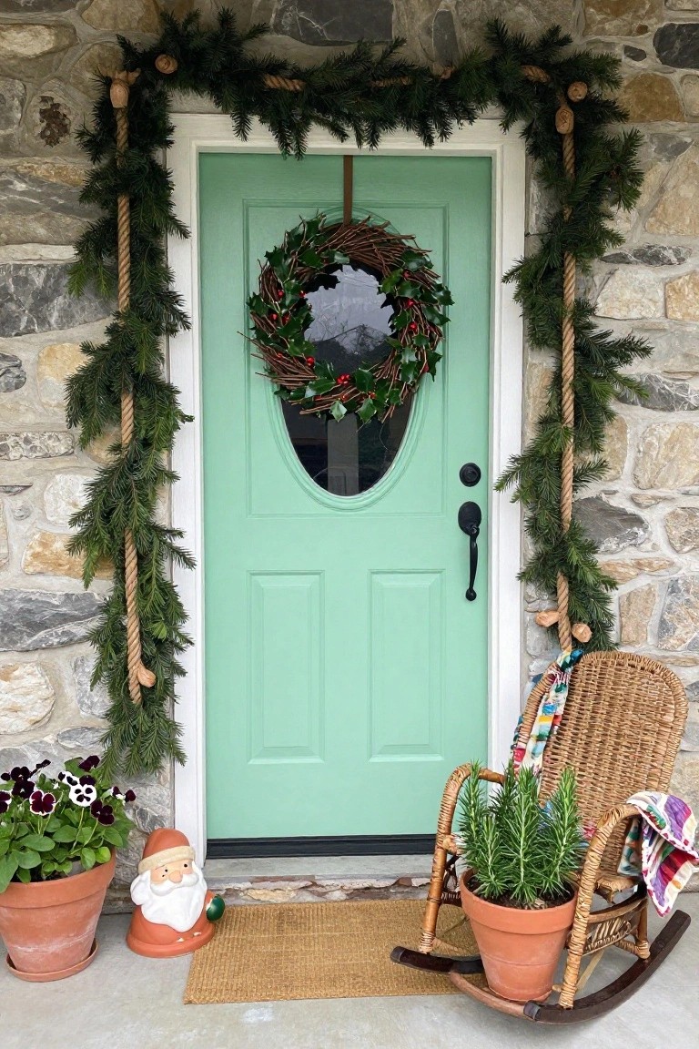 Green front door on stone house framed top to bottom by evergreen garland swags wrapped with rope, holly wreath on door, potted plants, terracotta Santa figure, and wicker rocking chair with plants on porch.