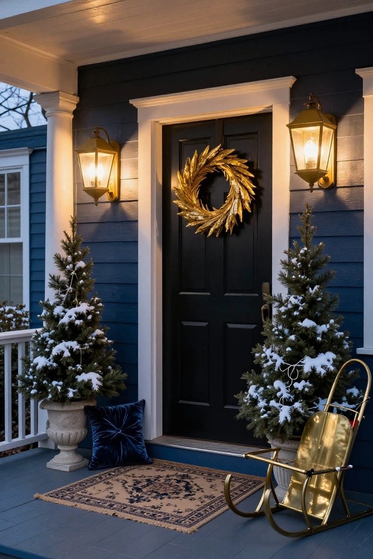 Navy blue house front porch at dusk with black door centered under white trim, large gold wheat wreath on door, matching gold lanterns flanking it, two small snow-covered potted fir trees, gold metal sled leaning on a pot, velvet pillow and patterned rug on wood stoop.