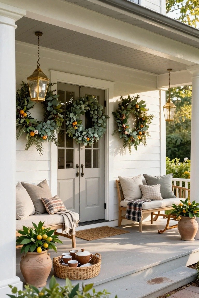 White clapboard house front porch with gray double doors decorated with eucalyptus wreaths containing oranges and feathers, matching wreaths on brass lanterns, two cushioned rocking chairs with plaid blankets, potted lemon trees in terracotta pots, and a wicker tray holding white teacups and teapot on the wood porch floor.