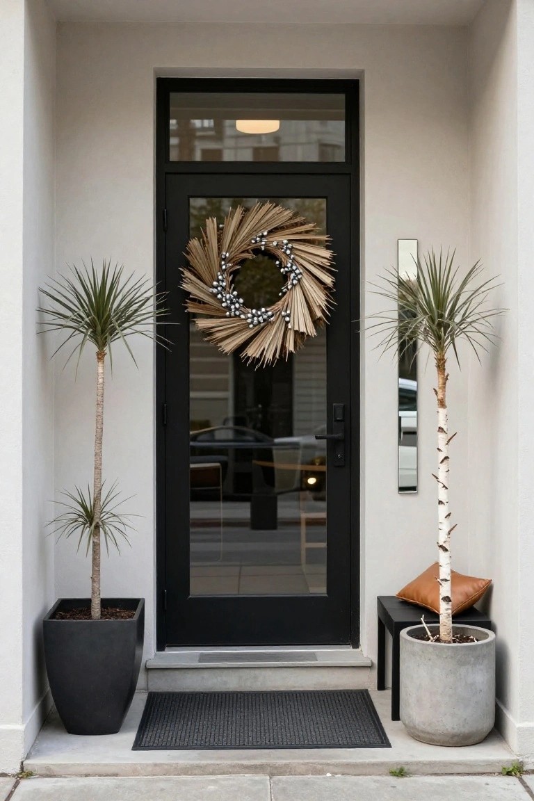 Front porch with a black metal-framed glass door hung with a circular wreath of dried grasses, beads, and palm fronds, flanked by two potted palm trees, a potted birch tree on a small black stool with tan cushion, black doormat, and white exterior walls.