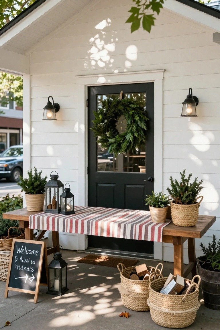 White shiplap house front porch featuring black door with evergreen wreath, wall lanterns, potted greenery, wooden bench with red-and-white striped runner, multiple hanging and tabletop lanterns, seagrass baskets holding firewood, and a wooden easel sign reading "Welcome to third house on the left thänks" with arrow.