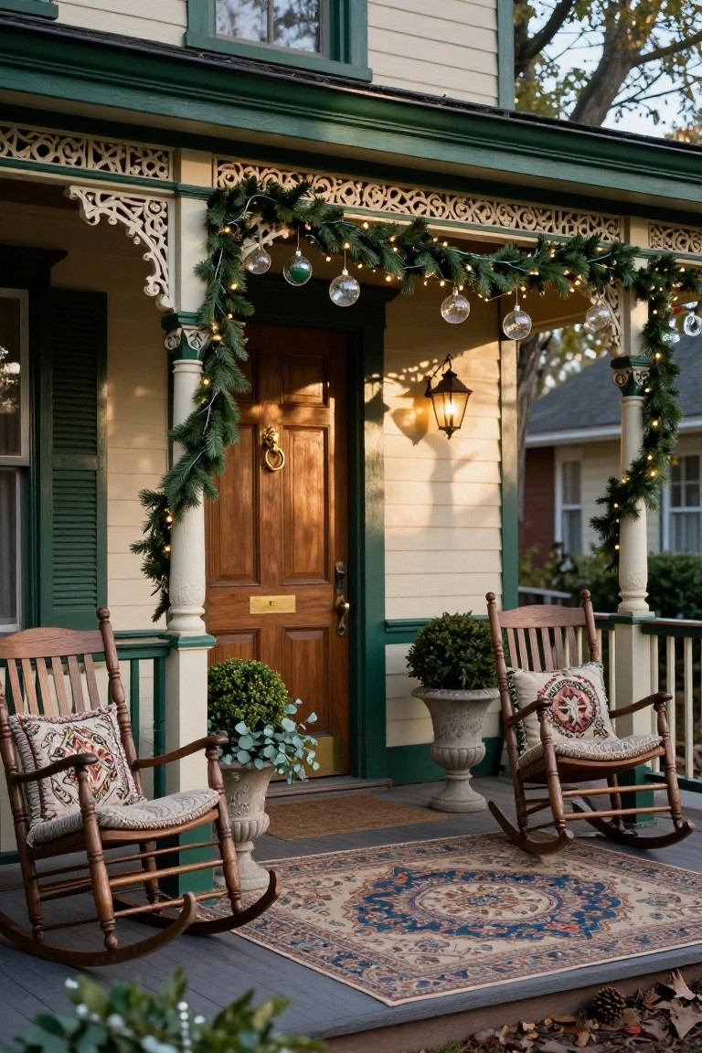 Front porch of a pale yellow house with green trim, decorated for Christmas using evergreen garlands with string lights and hanging clear glass ball ornaments draped along railings and white columns, flanked by two wooden rocking chairs with cushions, potted plants, and a wooden door with brass lion head knocker.