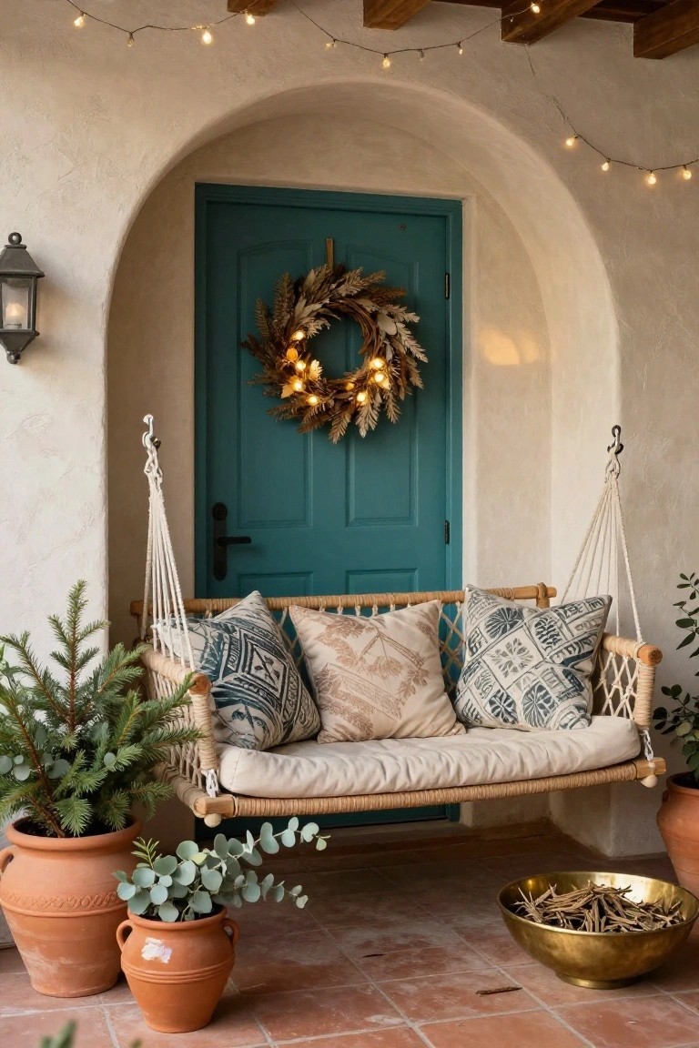 Teal arched front door with lighted wheat wreath hanging on it, rattan porch swing with patterned pillows and potted evergreens nearby, terracotta pots with eucalyptus, brass bowl of branches on terracotta tiled porch under string lights.