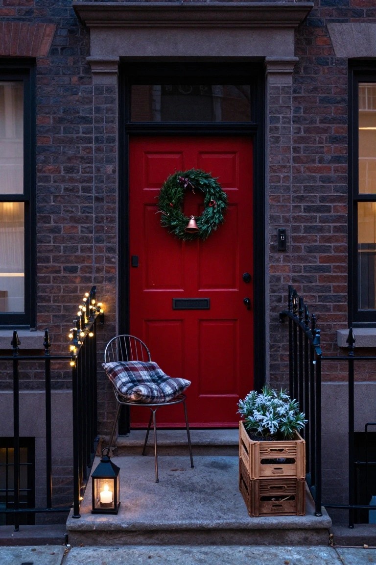 Red front door on a brick townhouse stoop decorated with an evergreen Christmas wreath and bell, string lights draped on black metal railing, wire chair with plaid cushion, lit black lantern, and potted plant in wooden crate at dusk.