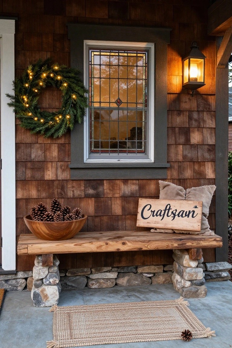 Rustic wooden bench on a shingled front porch holds a large bowl of pinecones, with a "Craftsman" wooden sign propped on a beige pillow beside it; a lighted evergreen wreath hangs on the wall near a leaded glass window and lantern light.