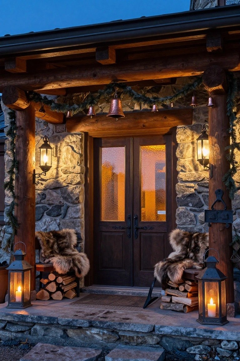 Rustic log and stone front porch with double wood doors flanked by fur-draped chairs on firewood stacks, pine garlands with copper bells on beams, and black metal lanterns lit by candles at dusk.