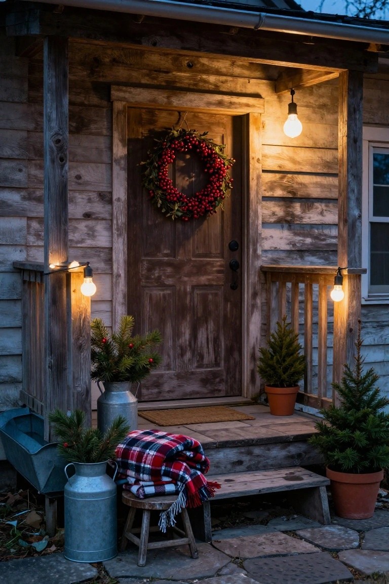 Rustic front porch of a wooden cabin at dusk with a dark door hung with a red berry wreath, small potted evergreen trees in galvanized metal buckets and terracotta pots on the steps, plaid blankets draped on a stool, and hanging Edison bulb lights.