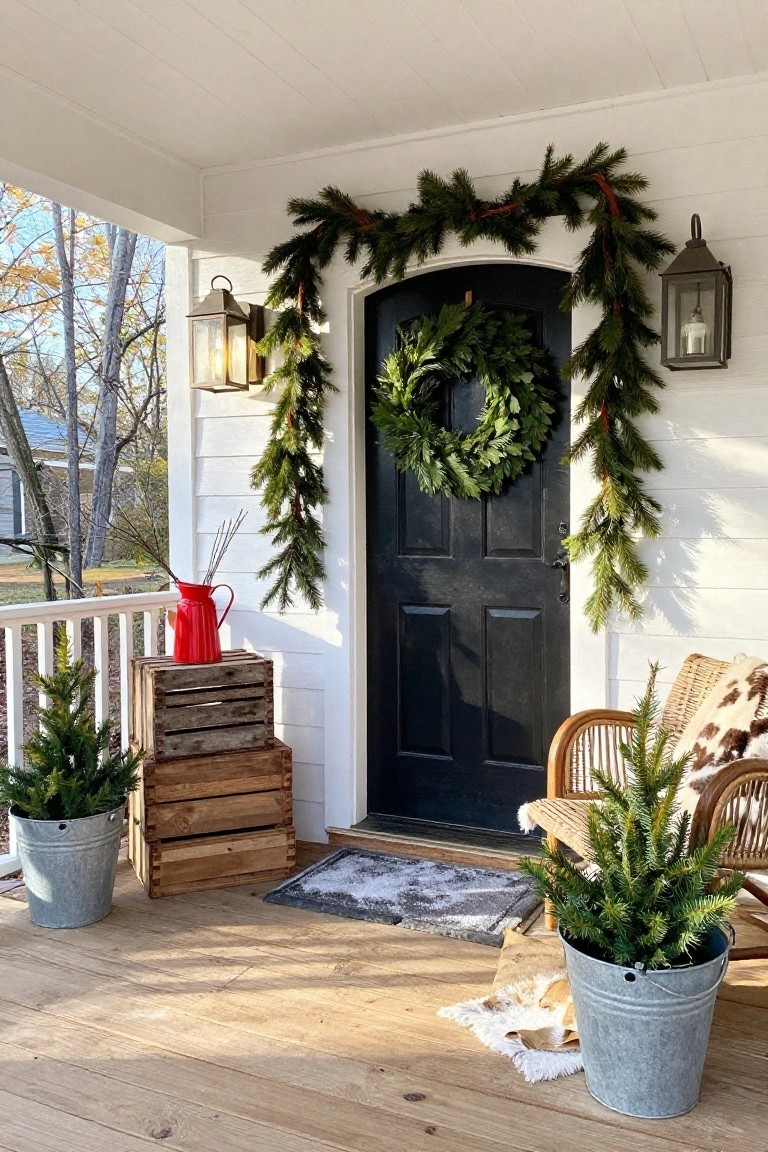 Front porch of white house with black arched door decorated by green wreath and pine garlands, stacked wooden crates holding small potted fir trees in galvanized buckets, red watering can with branches, rattan rocking chair with cushions, wall lanterns, and gray doormat on wood deck.