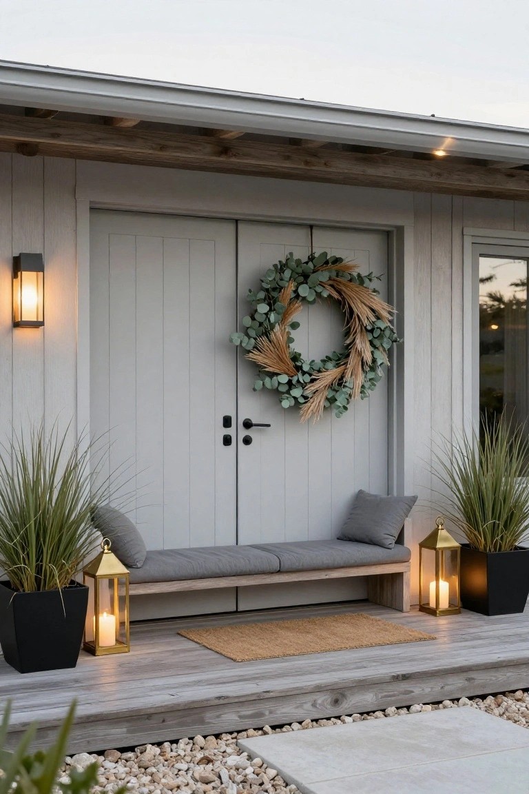 Gray double front doors on a light wood-clad house with a large circular wreath of eucalyptus and pampas grass, wooden bench with gray cushions on the porch deck, black pots of grasses and gold lanterns with lit candles beside it, wall-mounted light, seagrass mat, and gravel path nearby.
