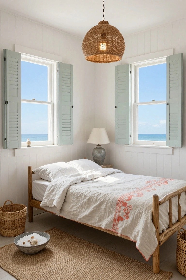 Corner bedroom with white shiplap walls, wooden bed draped in white linen bedding with coral embroidery, rattan pendant light, seagrass rug, woven baskets, ceramic lamp, and open teal louvered shutters framing ocean views.