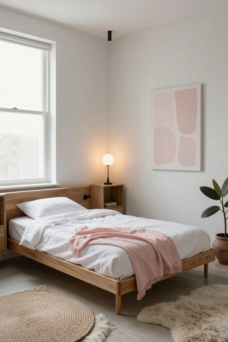 Minimalist bedroom with low oak platform bed covered in white sheets and pink throw blanket, wooden nightstand with black lamp, abstract pink geometric artwork on white wall, potted rubber plant in terracotta pot, seagrass and sheepskin rugs on light concrete floor near large window.