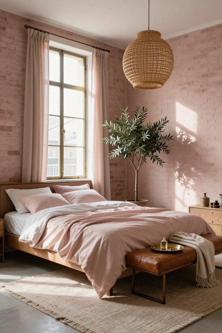 Bedroom with pink exposed brick walls, wooden platform bed dressed in blush pink linens and white sheets, potted olive tree by the window, rattan pendant light, wooden dresser, and brown leather bench at the bed's foot.