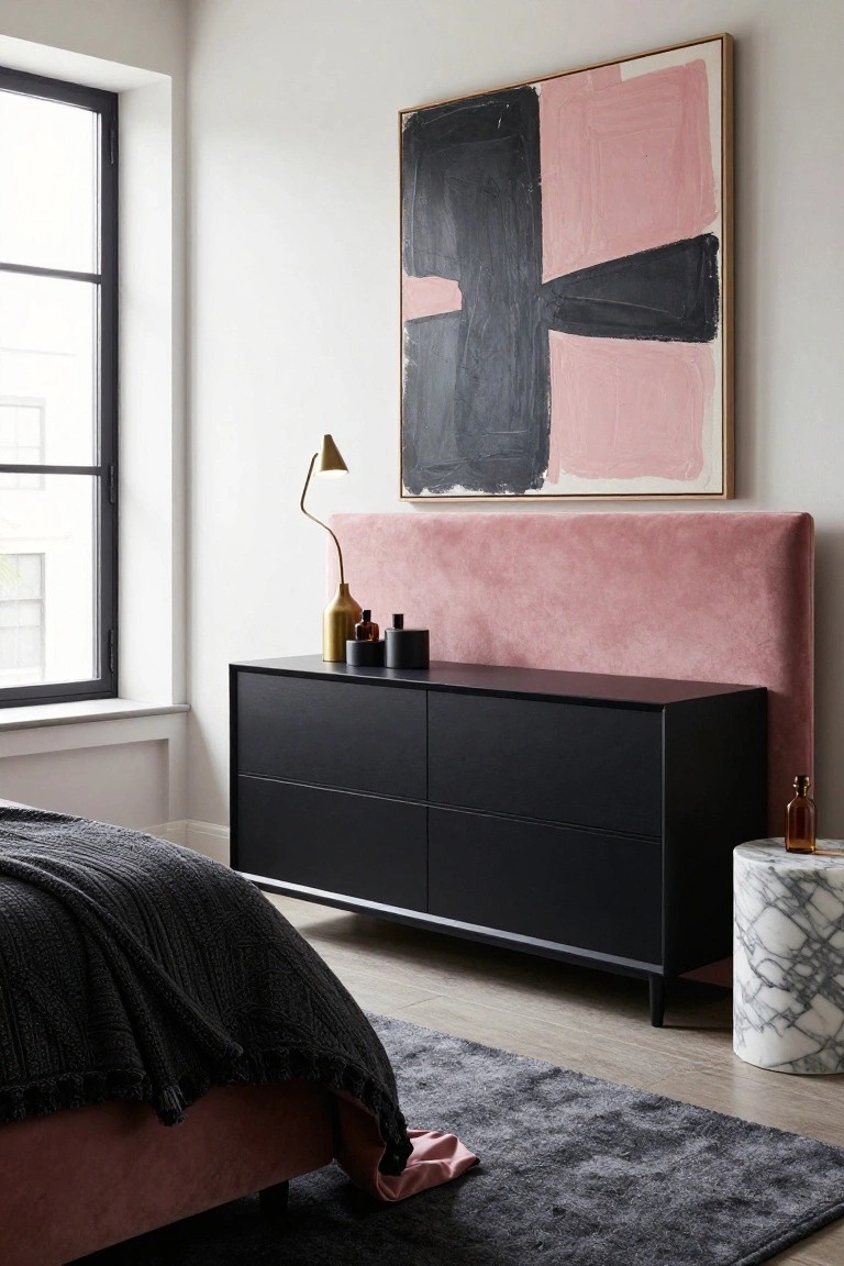 Bedroom interior with blush pink velvet upholstered headboard on bed, black six-drawer dresser, gold arc lamp, glass bottles on dresser, marble side table, abstract black and pink painting on wall, and window with black frame.