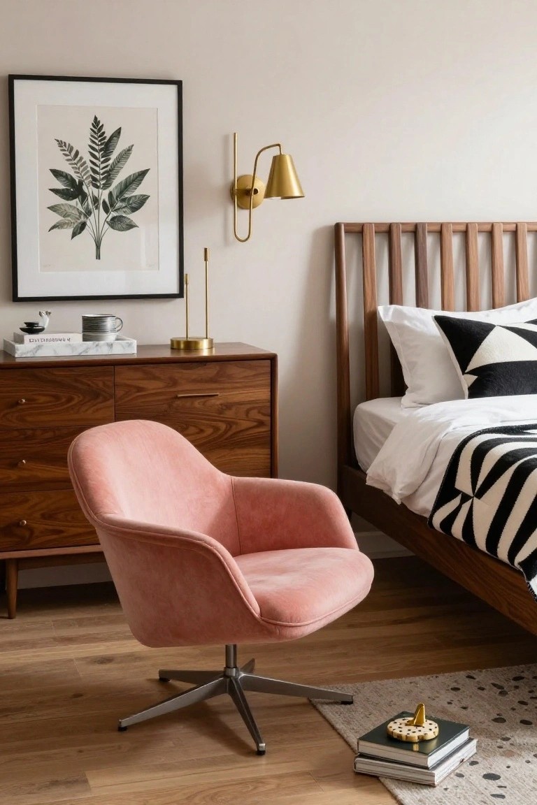 Bedroom corner with a pink velvet swivel chair next to a wooden dresser, bed with white sheets and black patterned pillows, gold lamps, and a leafy wall print.