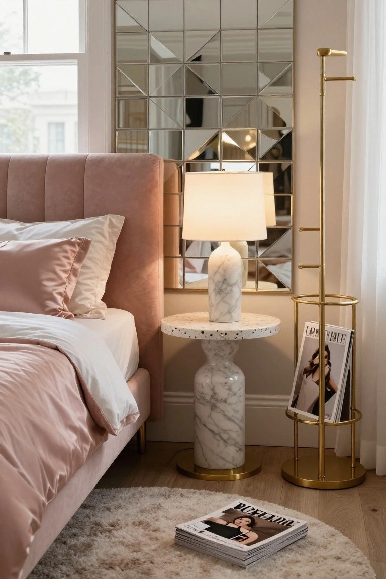 Corner of a bedroom with blush pink velvet upholstered bed, white and pink bedding, marble lamp on terrazzo side table, gold magazine rack, and large mirrored wall.