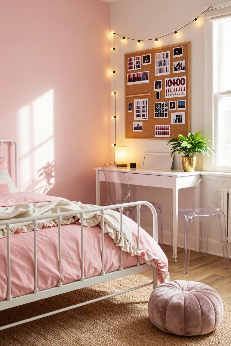 A bedroom with blush pink walls, white metal bed with ruffled pink bedding, white desk with two transparent chairs, corkboard displaying photos and lipstick tubes, string lights, and potted plants.