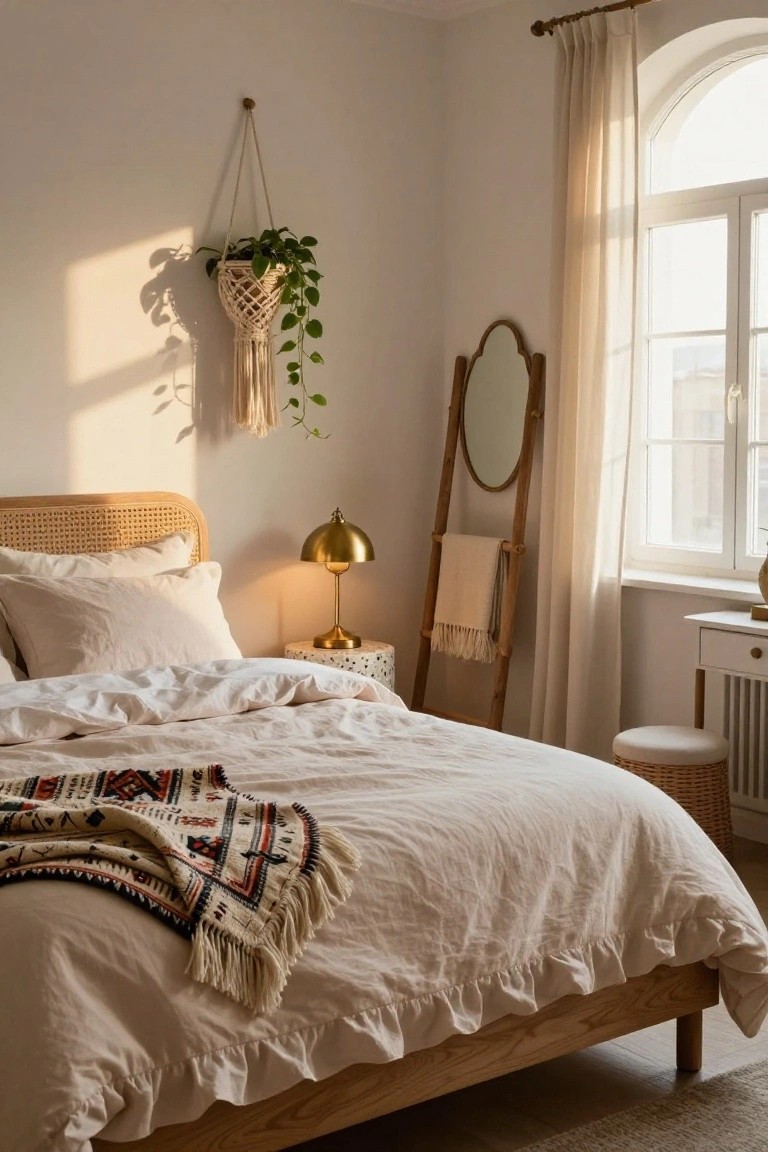 Bedroom interior with a rattan headboard bed dressed in white linens and a colorful throw, gold bedside lamp, wooden ladder mirror with towel, macrame hanging plant, and arched window with sheer curtains.
