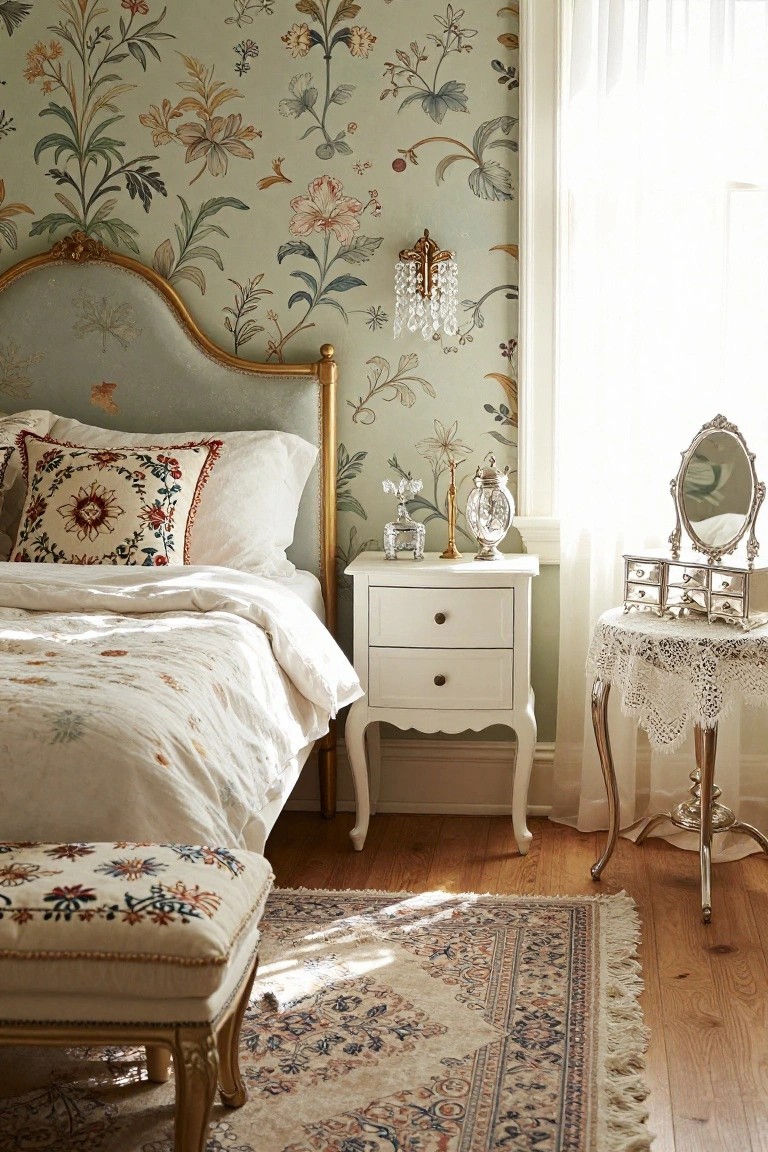 Bedroom interior with pale green floral wallpaper, gold-trimmed upholstered headboard, embroidered pillows and bench, white bed linens, white nightstand, glass perfume bottles, oval vanity mirror, lace-covered table, and patterned rug on wood floor.