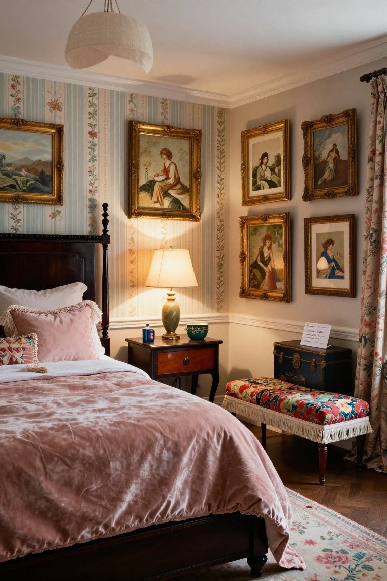 Bedroom with blue floral striped wallpaper, multiple gold-framed portraits of women, dark wood four-poster bed draped in pink velvet bedding, bedside table with lamp, and upholstered bench.
