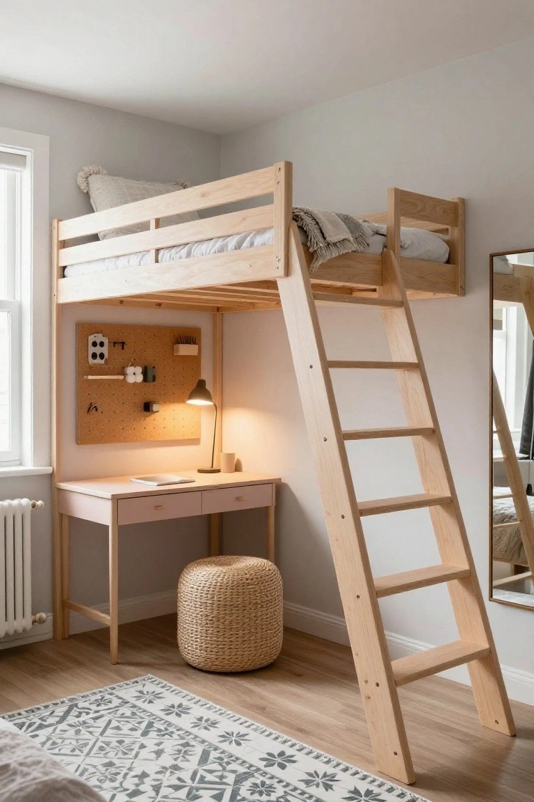 Wooden loft bed with ladder above a pink desk, corkboard, lamp, woven pouf, and rug in a light gray bedroom with radiator and mirror.