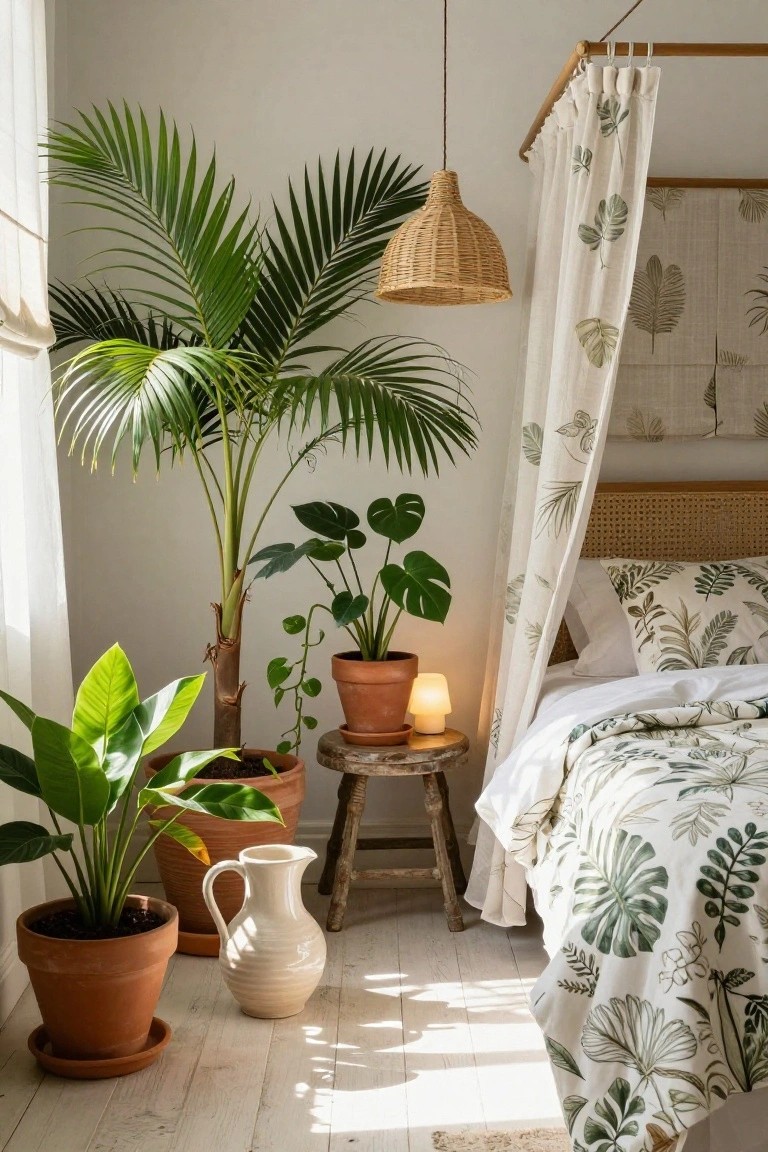 Sunlit bedroom with white walls, rattan canopy bed draped in sheer leaf-printed curtains and green foliage-patterned bedding, surrounded by large potted tropical plants including palms, monsteras, and philodendrons on terracotta pots, a woven pendant lamp, and wooden stool.