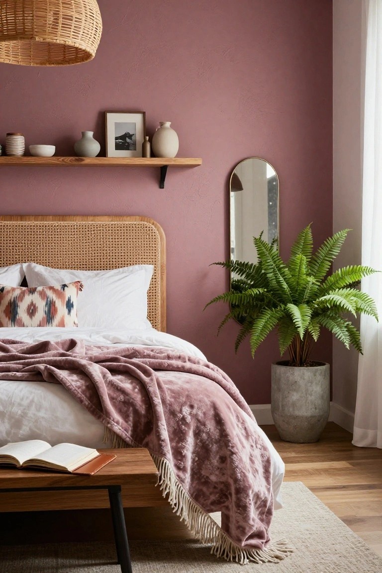 Bedroom with mauve pink walls, rattan headboard bed draped in pink throw over white sheets, wooden shelves holding ceramics and vase, round metal mirror, tall potted fern, rattan pendant lamp, and wooden bench at bed foot on light wood floor.